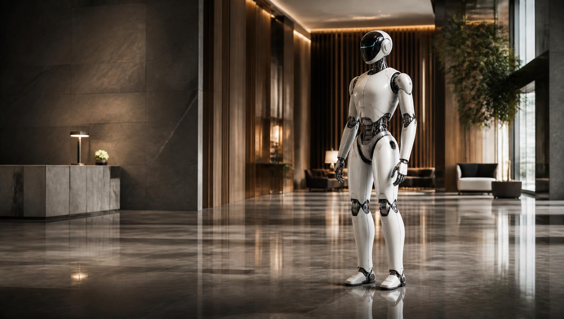 Repo Soul humanoid robot concept in a modern hotel environment
